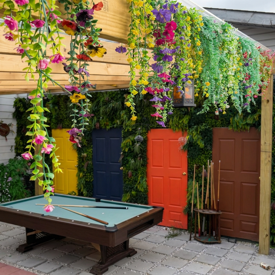 Outdoor restaurant patio with a pool table, colorful doors, lush vertical garden, and hanging flowers beneath a wooden pergola.