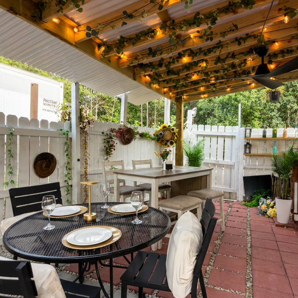 Charming outdoor restaurant patio with set tables, cushioned chairs, string lights, plants, and white privacy fencing.