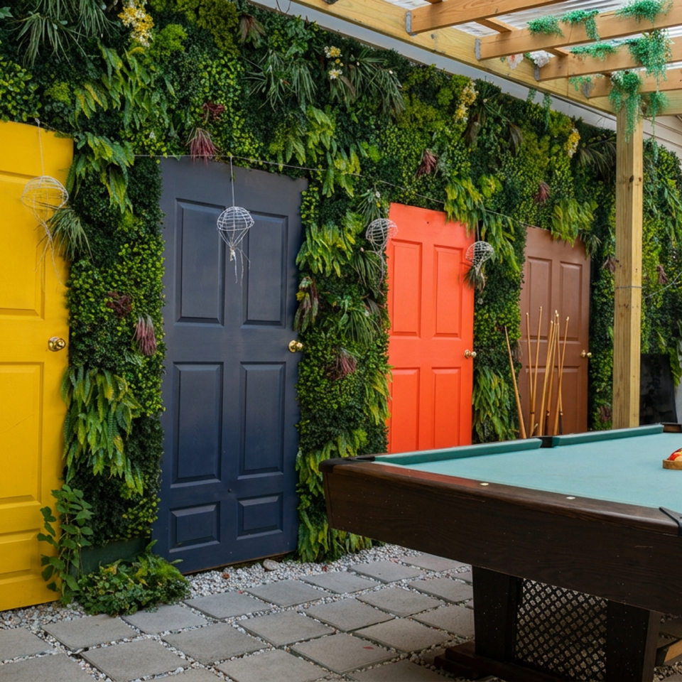Outdoor restaurant patio with colorful doors, lush greenery, pergola, and a billiards table.